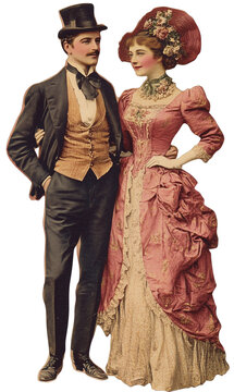 Victorian-Era Elegant Couple &ndash; Transparent Background &ndash; 19th-Century Fashion, Aristocratic Man and Woman in Formal Attire, Vintage Romantic Illustration