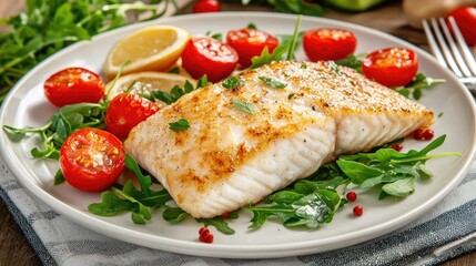 Fine dining presentation: a perfectly plated fish fillet with vibrant red tomatoes and greens.