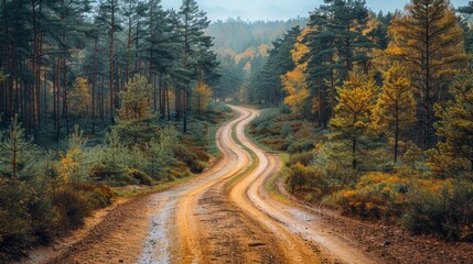 Obraz premium Winding dirt road through autumn forest in misty rain