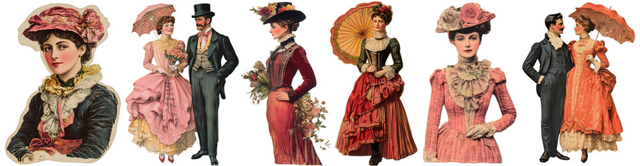 Naklejka premium Elegant Victorian Women and Couples with Parasols – Transparent Background – 19th-Century Fashion, Romantic Aristocratic Portraits, Vintage Illustration