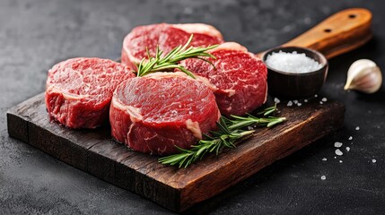 Fresh beef steaks in a minimalistic composition, accompanied by rosemary and flaky sea salt.