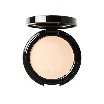 an open compact powder with beige makeup inside