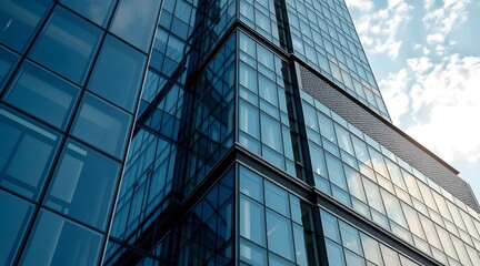 A modern skyscraper showcasing a striking glass facade, with geometric lines and reflections under a blue sky, emphasizing contemporary architectural innovation and urban beauty.   