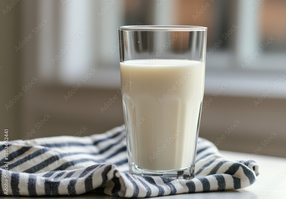 Poster fresh milk in a clear glass on a stripe towel with soft natural light and blurred background creatin