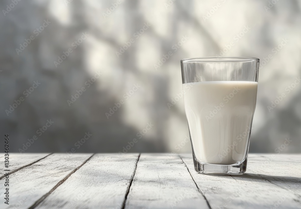 Poster fresh milk in a clear glass on a wooden table with soft shadows in the background creating a minimal