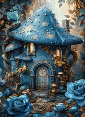 Obraz premium Enchanted Blue Mushroom Cottage Surrounded by Flowers and Nature