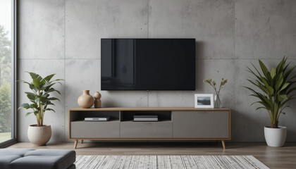 TV on Cabinet in Modern Living Room with Concrete Wall Background