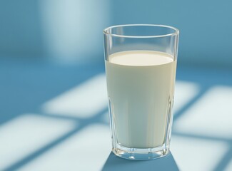 Fresh Milk in a Transparent Glass on a Light Blue Surface with Shadow Patterns and Soft Lighting Enhancing the Beverage's Creamy Texture and Appeal