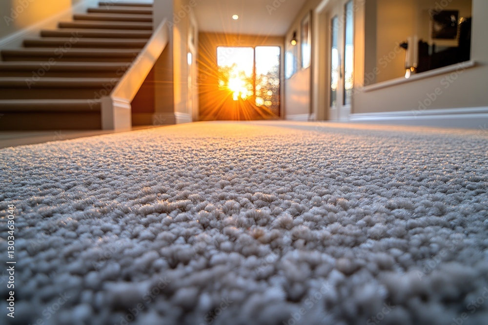 Poster a warm and inviting hallway with carpeted floor and sunlight streaming in from the window