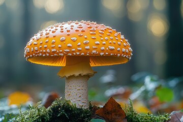 A single mushroom sits on the forest floor, surrounded by trees and foliage