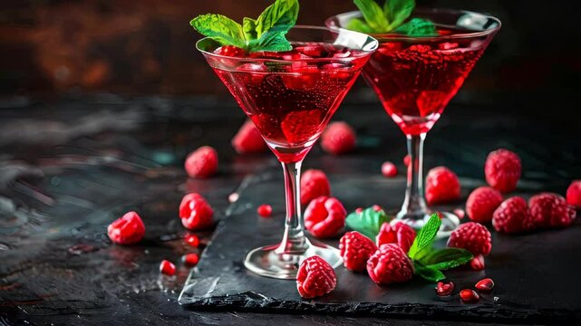 video of Martini with raspberries on the red background