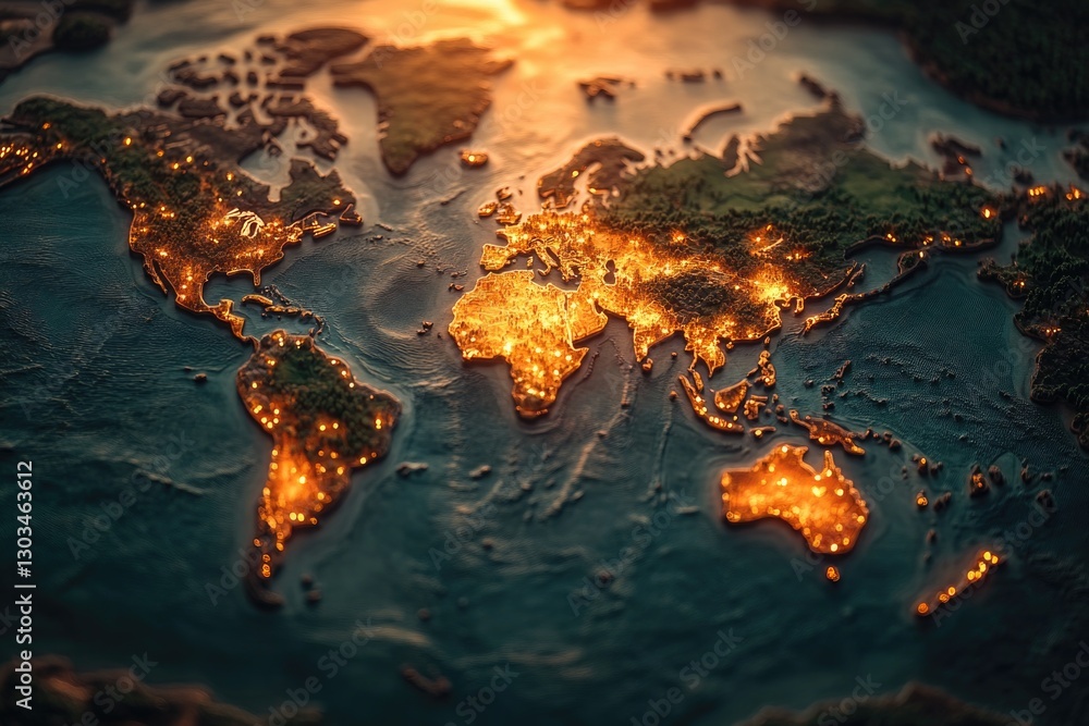 Poster a detailed view of a world map with features and labels, suitable for use in presentations or educat