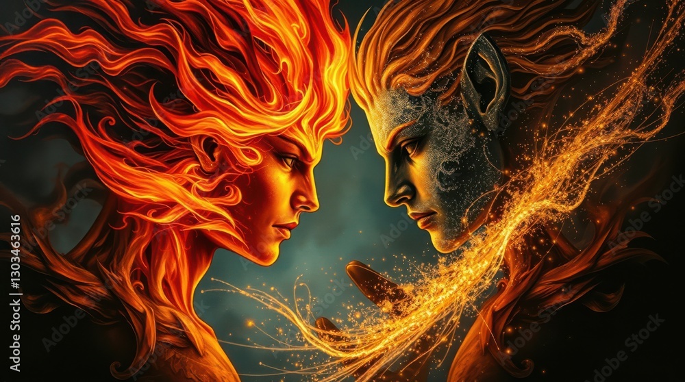 Poster fiery figures face each other, with flowing energy connecting them in a display of contrasting eleme
