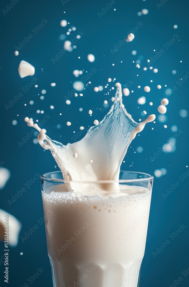 Poster fresh milk splashing from a glass with droplets against a blue background creating a stunning visual
