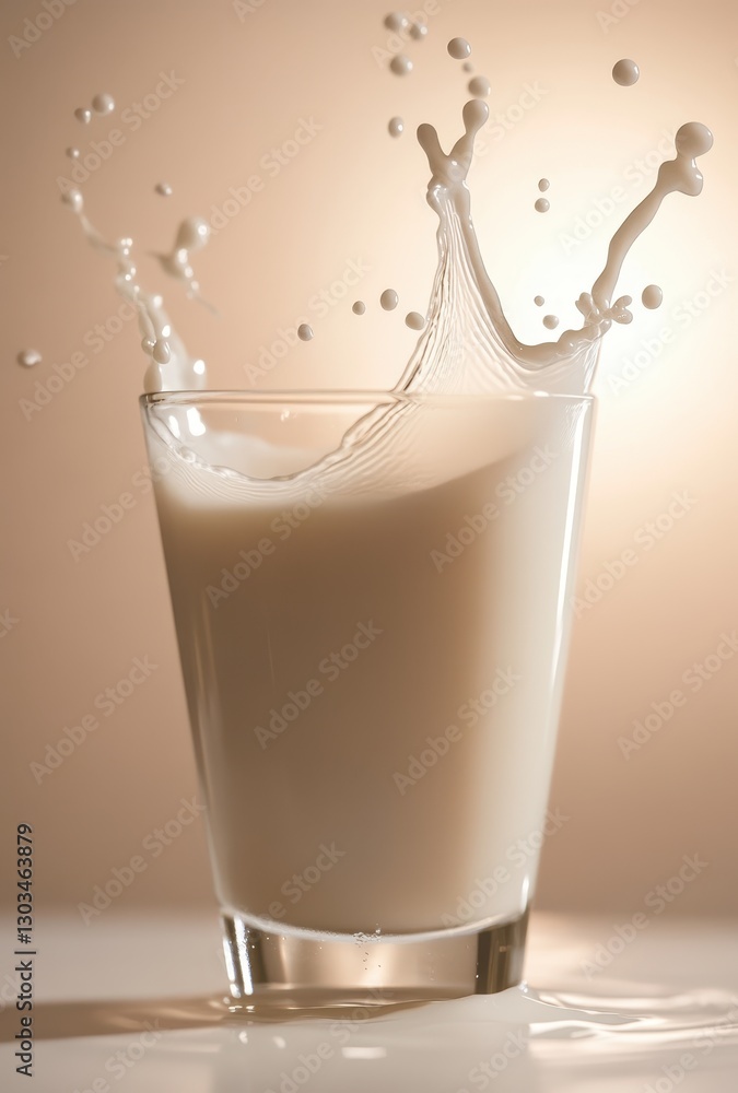 Poster fresh milk splashing upward from a clear glass in soft focus with warm background creating a delight