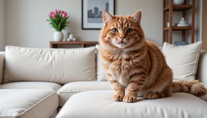 Adorable fluffy orange cat sitting on a pristine white couch in a stylish living room