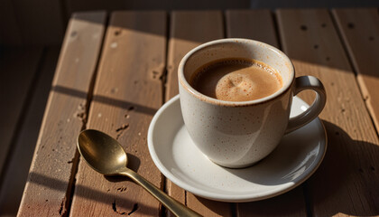 Elegant Mocha Mousse ceramic coffee cup on rustic wooden table, serene morning ambiance