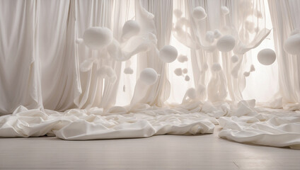 A Serene Scene of Floating White Fabrics Evoking Tranquility and Purity