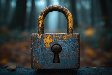 A rusty padlock sitting on top of a wooden fence