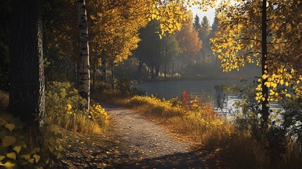 Fototapeta premium A serene path through a forest in autumn with yellow leaves and a lake
