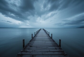 Serene Lake View. Tranquil Water, Overcast Sky. Wooden Pier Extends Into Calm Waters, Beautiful Symmetry, Leads To Horizon. Cool Blues And Greys Evoke A Somber, Peaceful Atmosphere. Soft Diffused