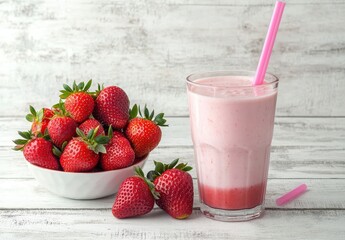 Fresh Strawberry Smoothie with Strawberries in a Bowl Surrounded by Natural Wooden Table Background