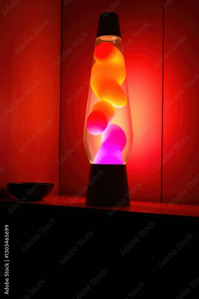 Poster illuminating lamp with vibrant, colorful liquid blobs slowly floating within a sleek, clear glass en