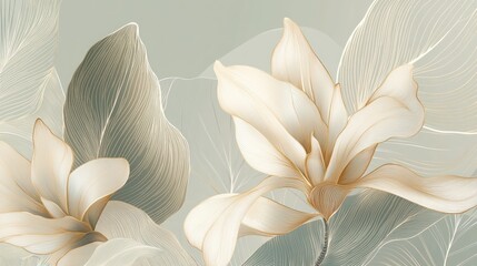Delicate magnolia flowers with foliage on a muted background