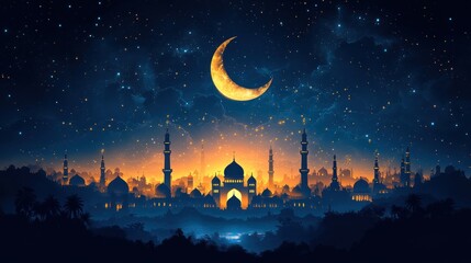 Fototapeta premium Night Cityscape Under Crescent Moon and Starry Sky