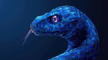 Fototapeta premium A striking geometric cobra showcases detailed blue facets and shading, its captivating gaze emphasizing the snake's unique textures against a dark background.
