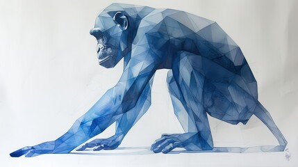 Naklejka premium A striking geometric representation of a monkey features intricate blue shading and angular shapes, highlighting the unique contours and form of the animal.