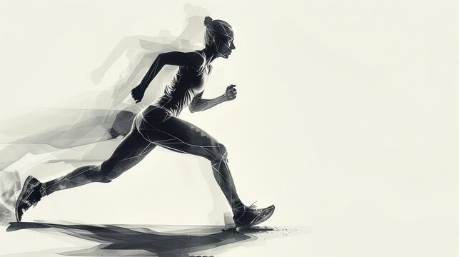 A geometric figure of a woman in motion captures the essence of running. She showcases dynamic movement with shading effects that highlight her athleticism and energy.