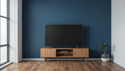 Mockup of TV on Cabinet in Modern Empty Room with Dark Blue Wall Background