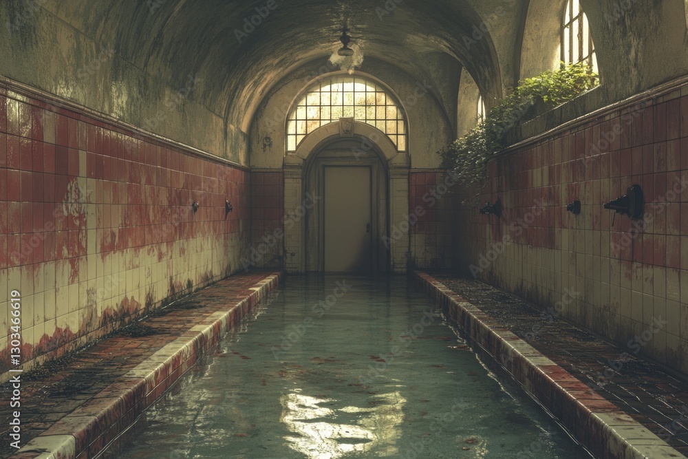 Poster a long hallway with a pool of water in it, suitable for use in various interior design and architect