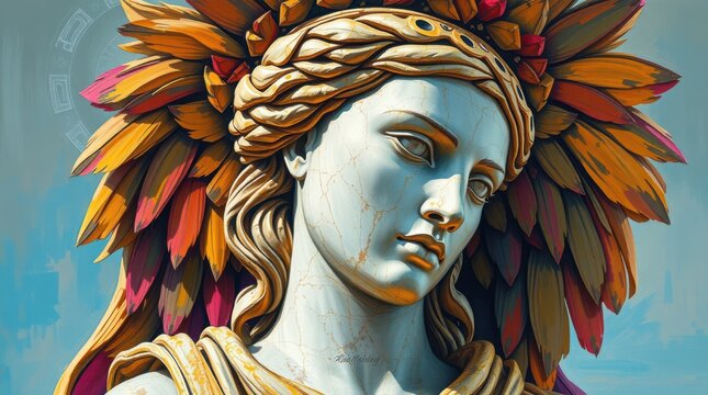 Statue with colorful feathered headdress, capturing a blend of classical art and vibrant modernity. - Powered by Adobe