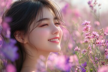 Naklejka premium A woman smiles in a sunny meadow filled with colorful flowers