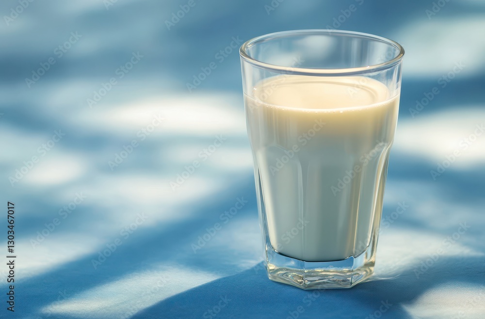 Poster freshly poured milk in transparent glass on blue background with soft shadows creating a calm and in