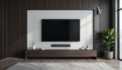 TV Wall Mounted in Dark Room with Dark Wood Wall Background - Mockup Design