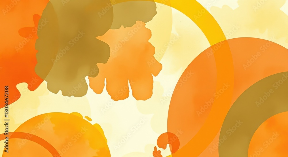 Poster warm abstract pattern with gold and orange circles and irregular shapes, creating a bright, sunny fe