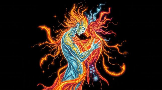 Elemental embrace: A fiery being meets an icy counterpart in a passionate dance against a dark backdrop. - Powered by Adobe