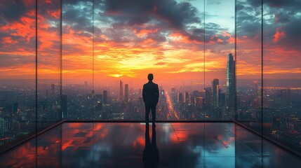 Fototapeta premium A billionaire businessman overlooking a futuristic city from his skyscraper office