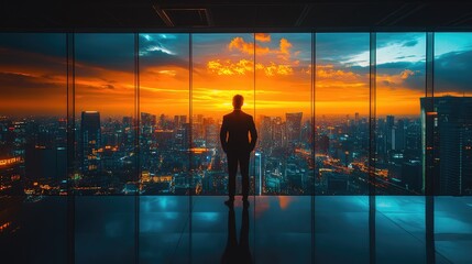 A billionaire businessman overlooking a futuristic city from his skyscraper office