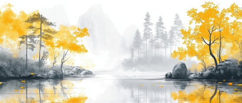 A serene landscape unfolds with vibrant yellow foliage contrasted against grey tones. Mist blankets the area, creating an ethereal quality in the still water.