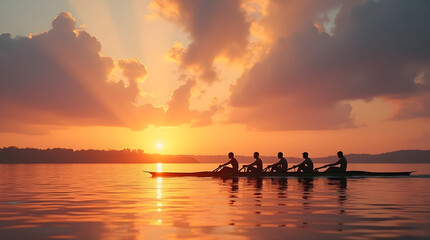 Vibrant Sunset Rowing Team Silhouettes Golden Hour Water Sports