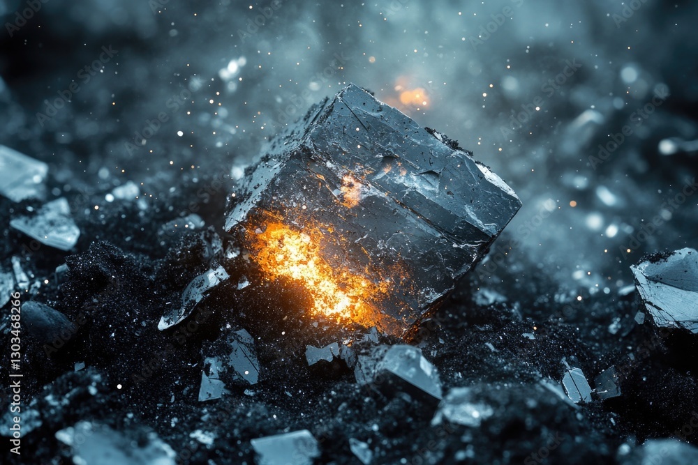 Poster a close-up view of a block of ice sitting on the ground, frozen in time