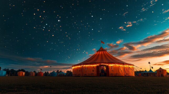 A captivating circus tent stands under a starlit sky. The vibrant colors create an enchanting atmosphere. Ideal for events and entertainment themes. Generative AI