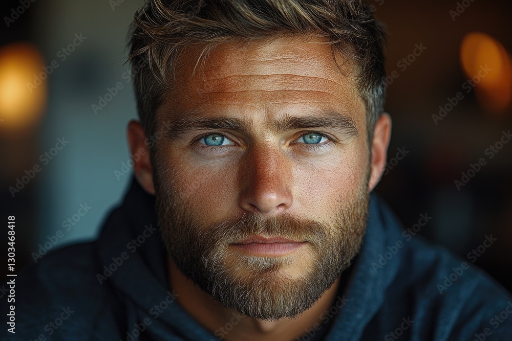 Poster a close-up shot of a man with a beard, suitable for use in portraits or as a focus point in various 