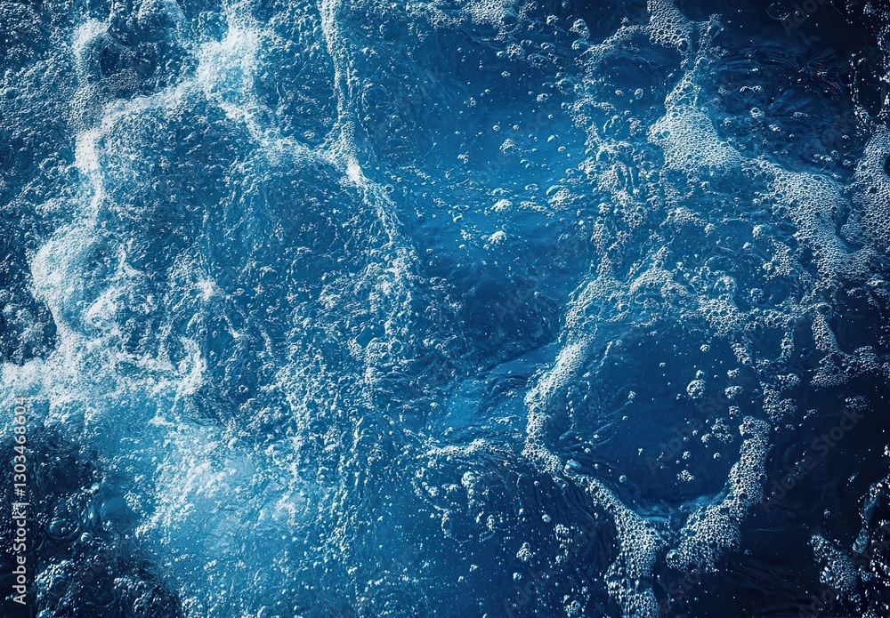 Poster glimmering blue water with bubbles creating dynamic texture in sunlight, ideal for nature and abstra