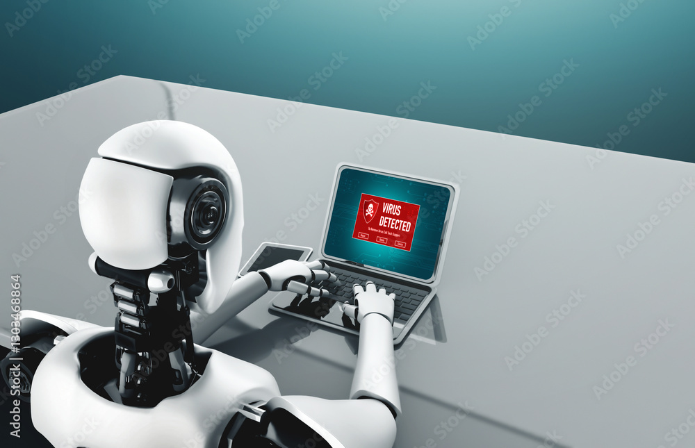 Poster robot humanoid use laptop and sit at table in future office while using ai thinking brain , artifici