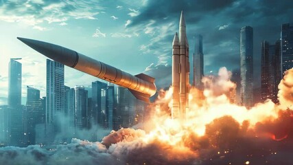 video of large missile on a launch pad with skyscrapers in the background